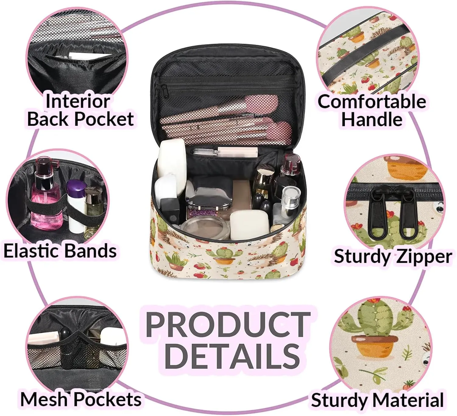 Hedgehog Cactus Travel Toiletry Bag Large Capacity Makeup Case Organizer with Handle Cosmetic Case for Women Girls