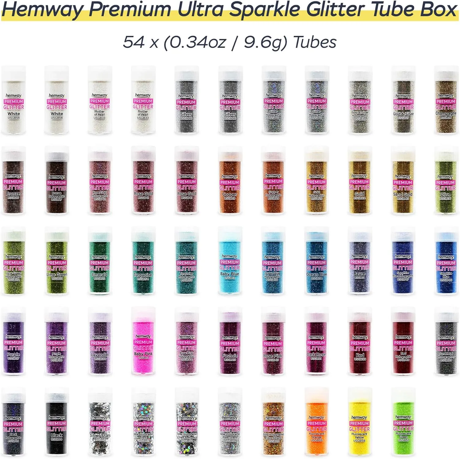 Hemway Glitter Tube Ultra Sparkle Box (54 Pack) | Extra Fine Metallic Flakes Shaker Set for Resin & Epoxy Crafts | Assorted Colour Craft Supplies for Festival, Hair, Face, Body, Eye & Nail Art