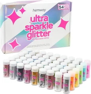 Hemway Glitter Tube Ultra Sparkle Box (54 Pack) | Extra Fine Metallic Flakes Shaker Set for Resin & Epoxy Crafts | Assorted Colour Craft Supplies for Festival, Hair, Face, Body, Eye & Nail Art