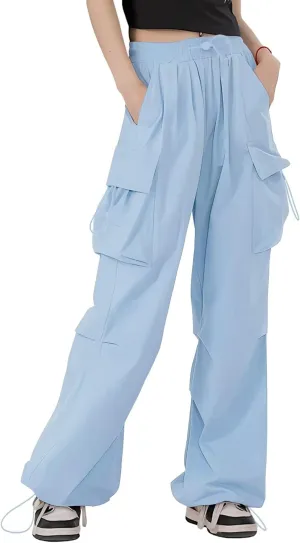 HENGAO Girls Cargo Pants Casual Jogger Loose Fit Streetwear Parachute Pants