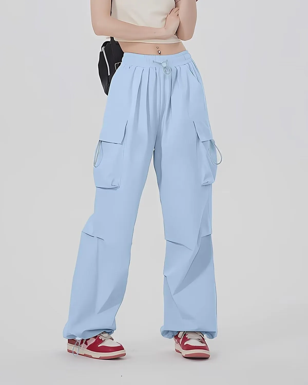 HENGAO Girls Cargo Pants Casual Jogger Loose Fit Streetwear Parachute Pants
