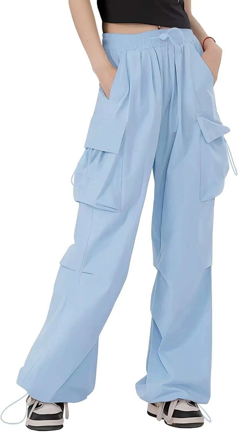 HENGAO Girls Cargo Pants Casual Jogger Loose Fit Streetwear Parachute Pants