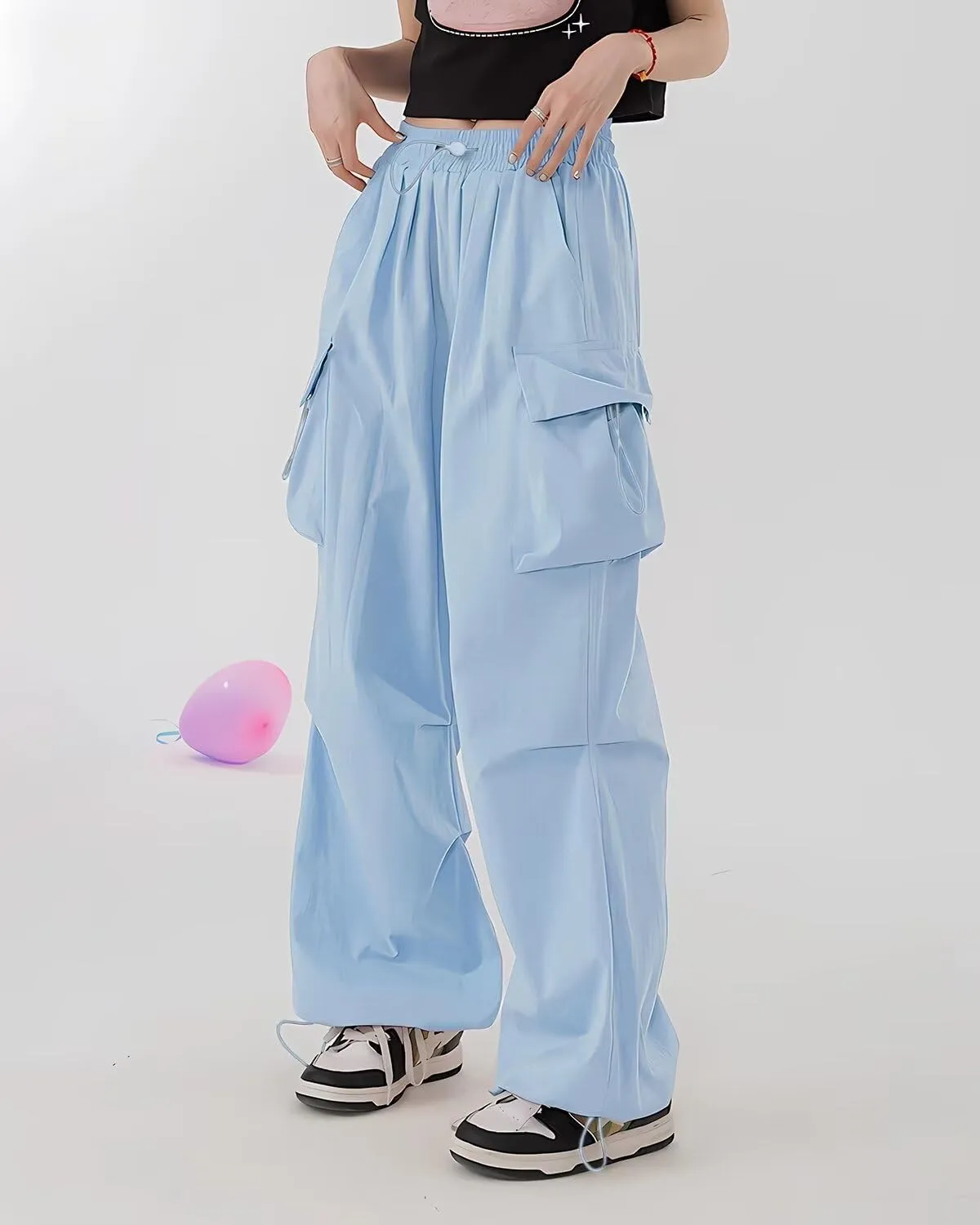 HENGAO Girls Cargo Pants Casual Jogger Loose Fit Streetwear Parachute Pants
