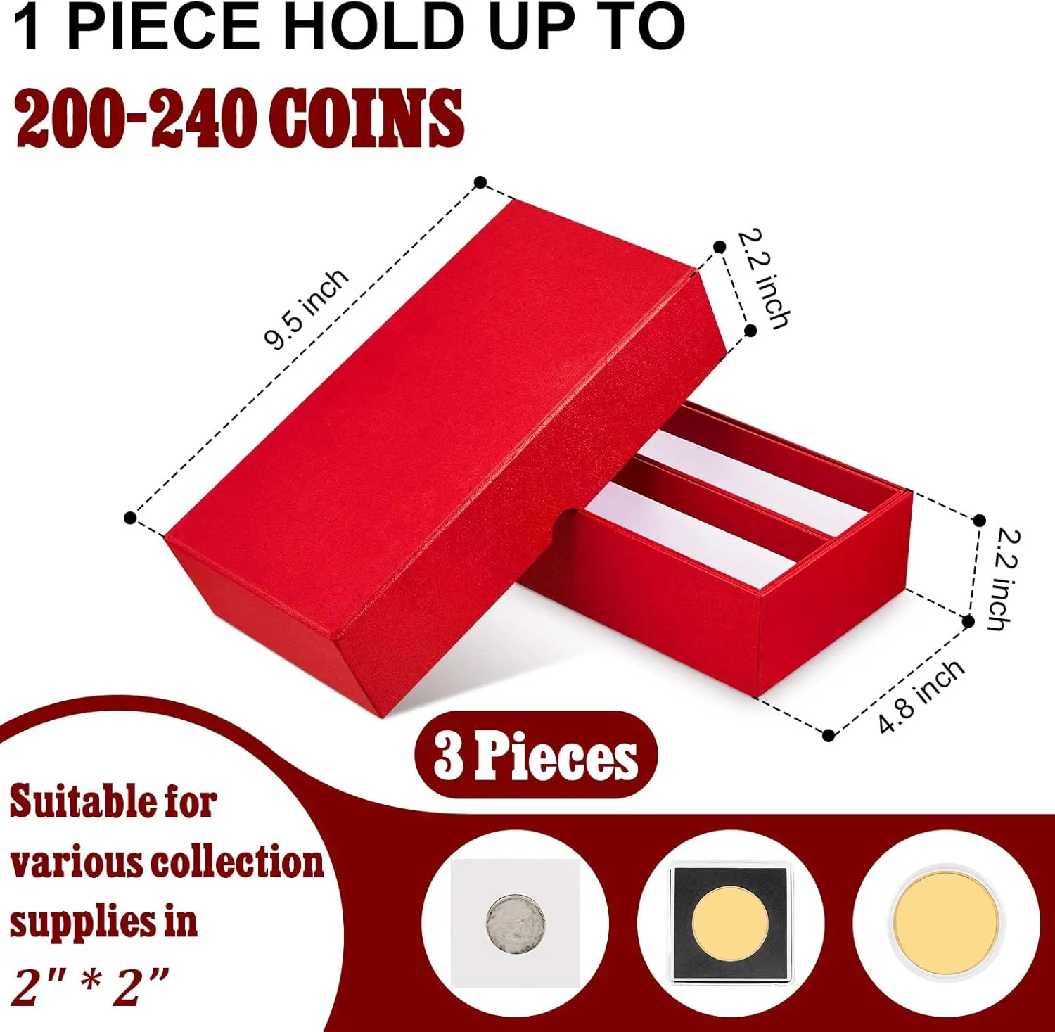 Henoyso 3 Pcs Double Row Coin Box Holders for Collectors Storage Supplies Collecting Coin Cases, 9 x 2 x 2 Inch About Half Box Cases(Red)