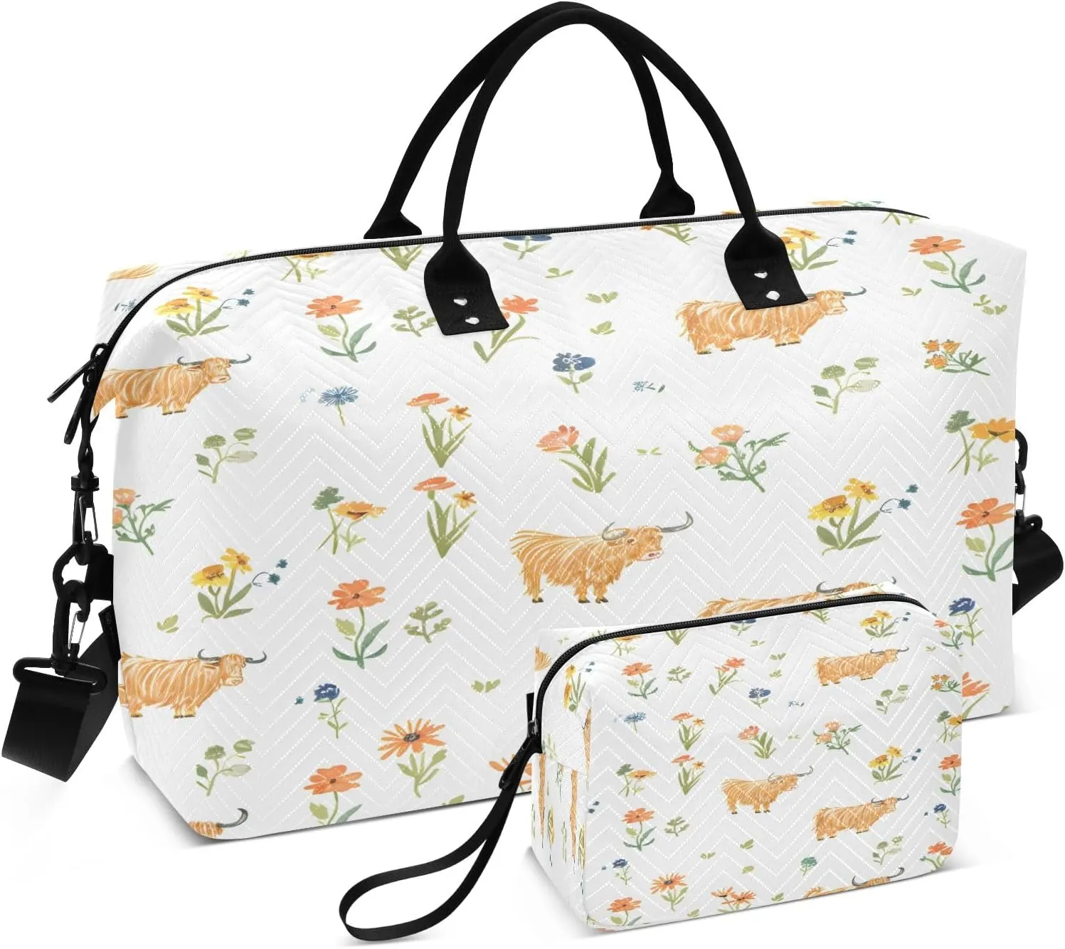 Highland Flowers Cattle Travel Duffel Bags with Toiletry Bag for Travel Gym Yoga Weekender Bag