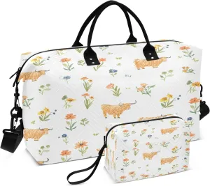 Highland Flowers Cattle Travel Duffel Bags with Toiletry Bag for Travel Gym Yoga Weekender Bag
