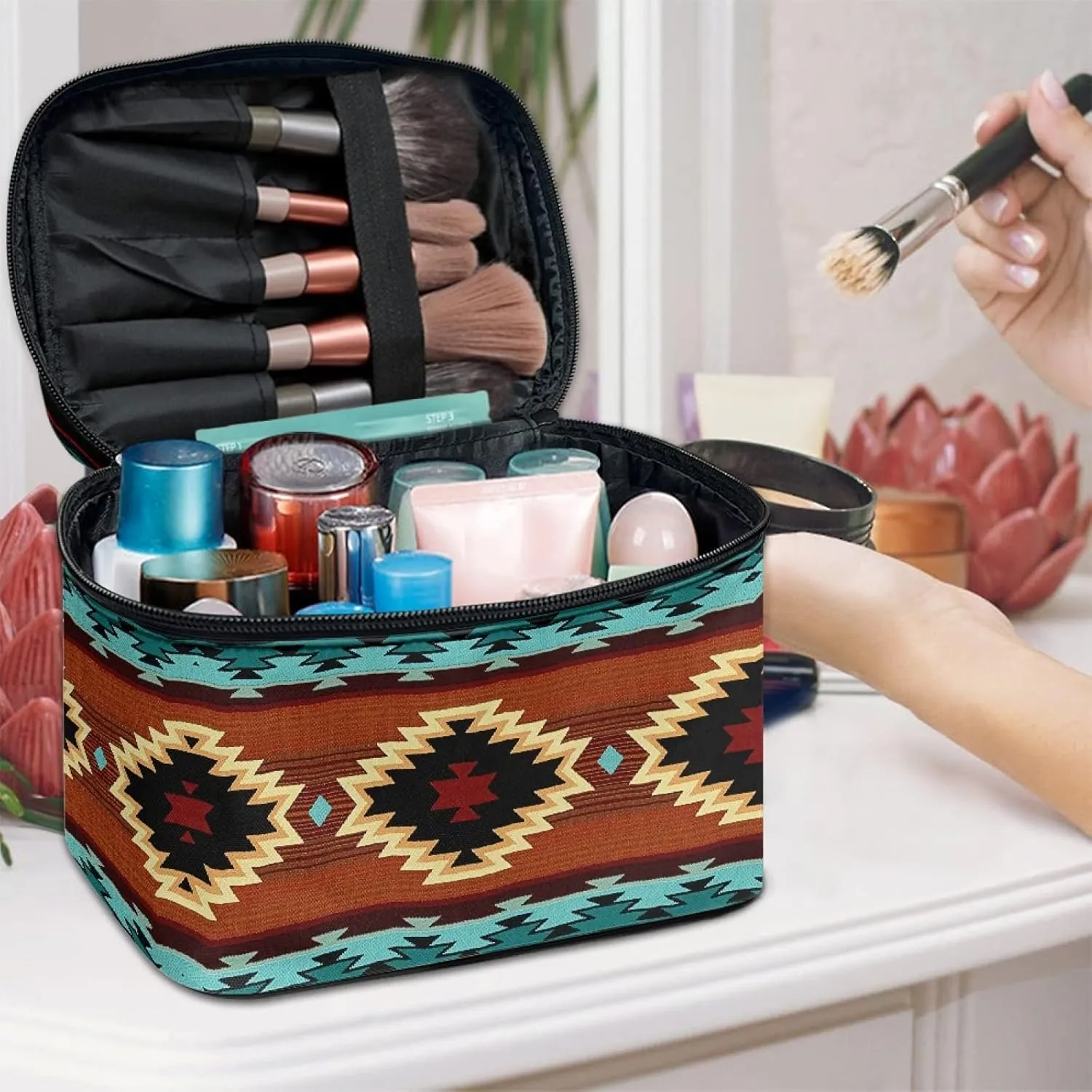 Horeset Aztec Culture Style Print Portable Makeup Handbag Shoulder Bag Toiletry Bag Cosmetic Bag for Outdoor Sport Business