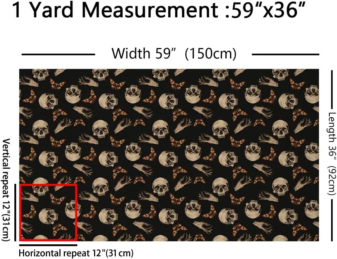 Human Skull Print Fabric by The Yard Wild Butterfly Jungle Creature Decor Fabric for Teens Sewing Lovers Western Gothic Style Fabric for Bed Outdoor Indoor DIY Projects 5 Yards,180" L x 59" W