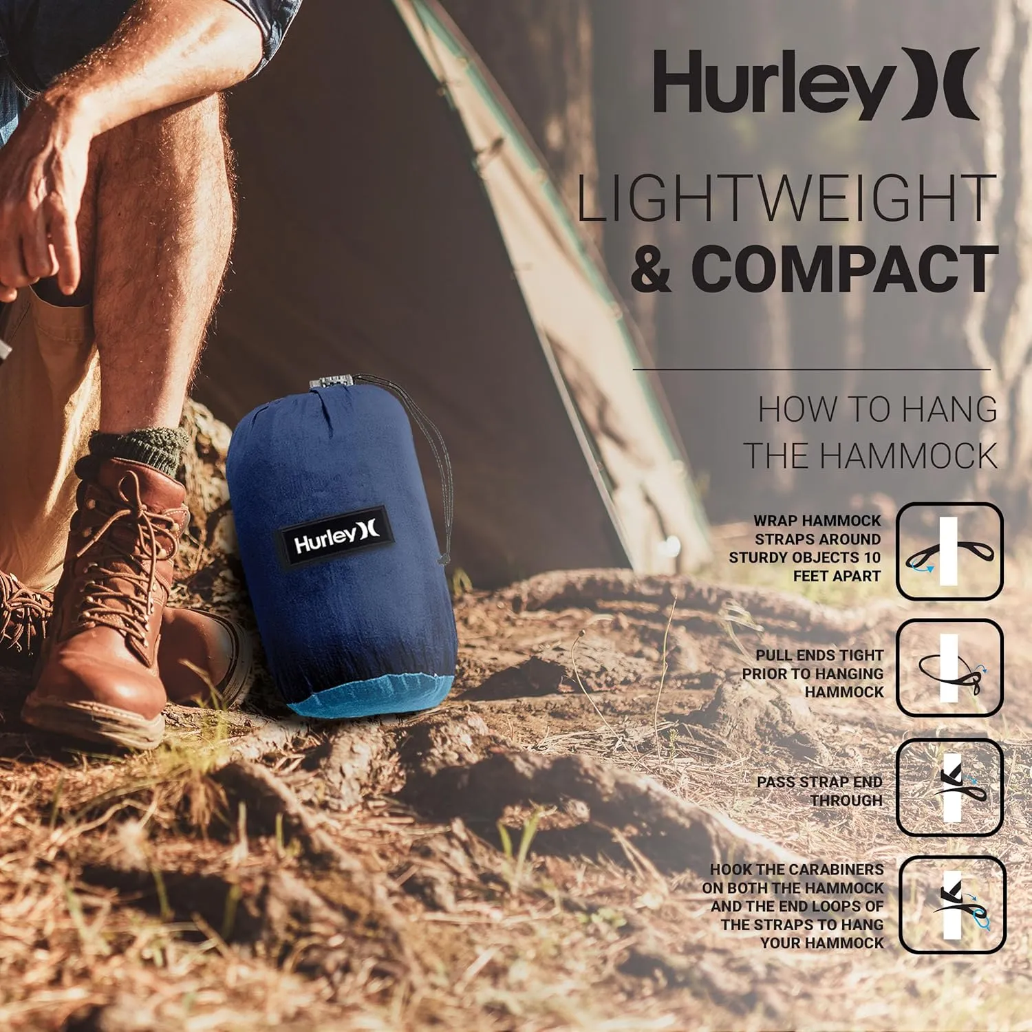 Hurley Duo Camping Hammock - 1 Person Portable Hammock for Camping, Heavy Duty Hammock with Parachute Nylon Fabric - Camping Accessories & Camping Gear for Outdoor Activities - Holds Up to 400lbs