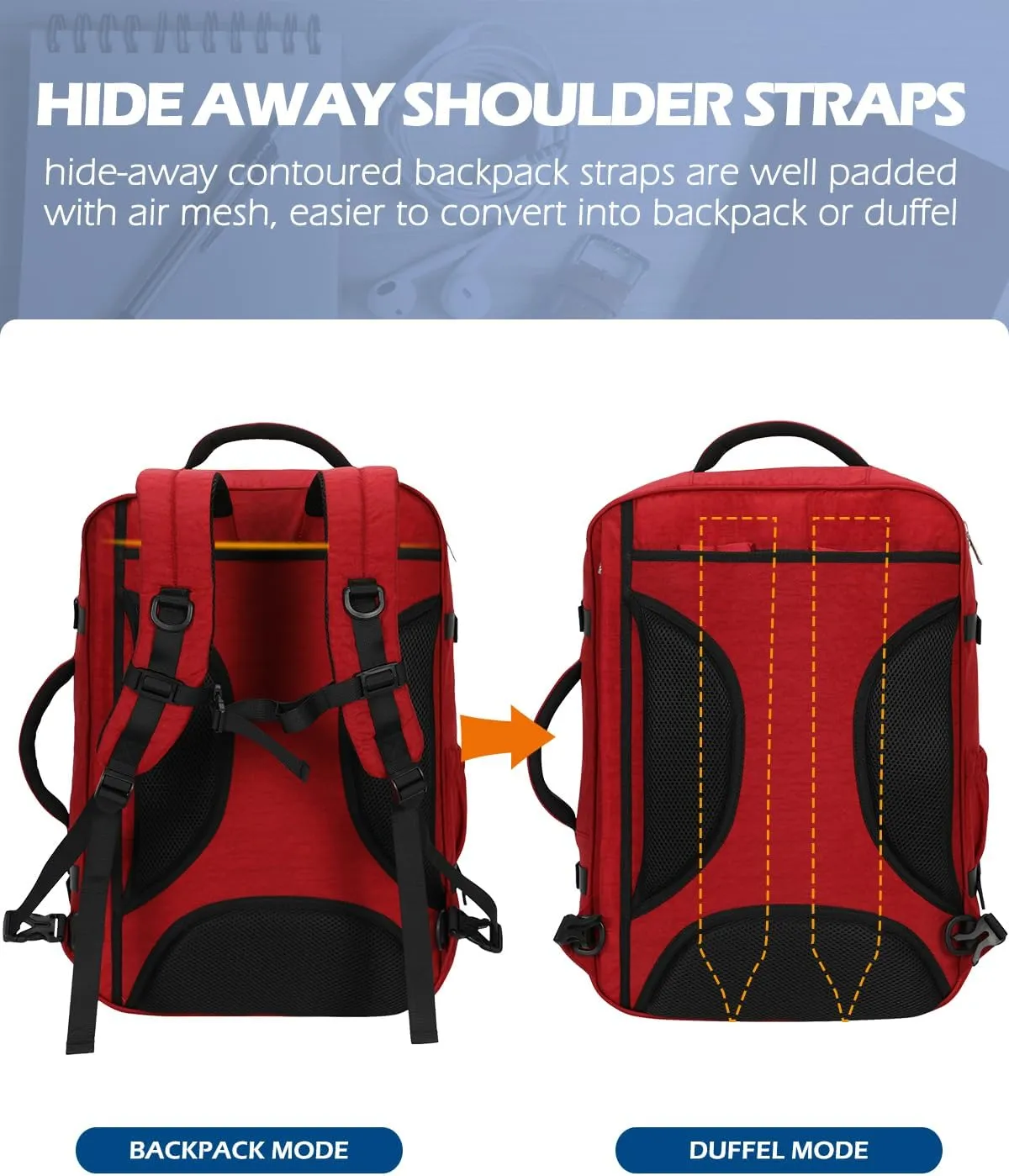Hynes Eagle 44L Carry on Backpack Airline Approved Travel Backpack for Men Women Large Laptop Backpack 17 inch Nylon Backpack Overnight Weekender Bag Red
