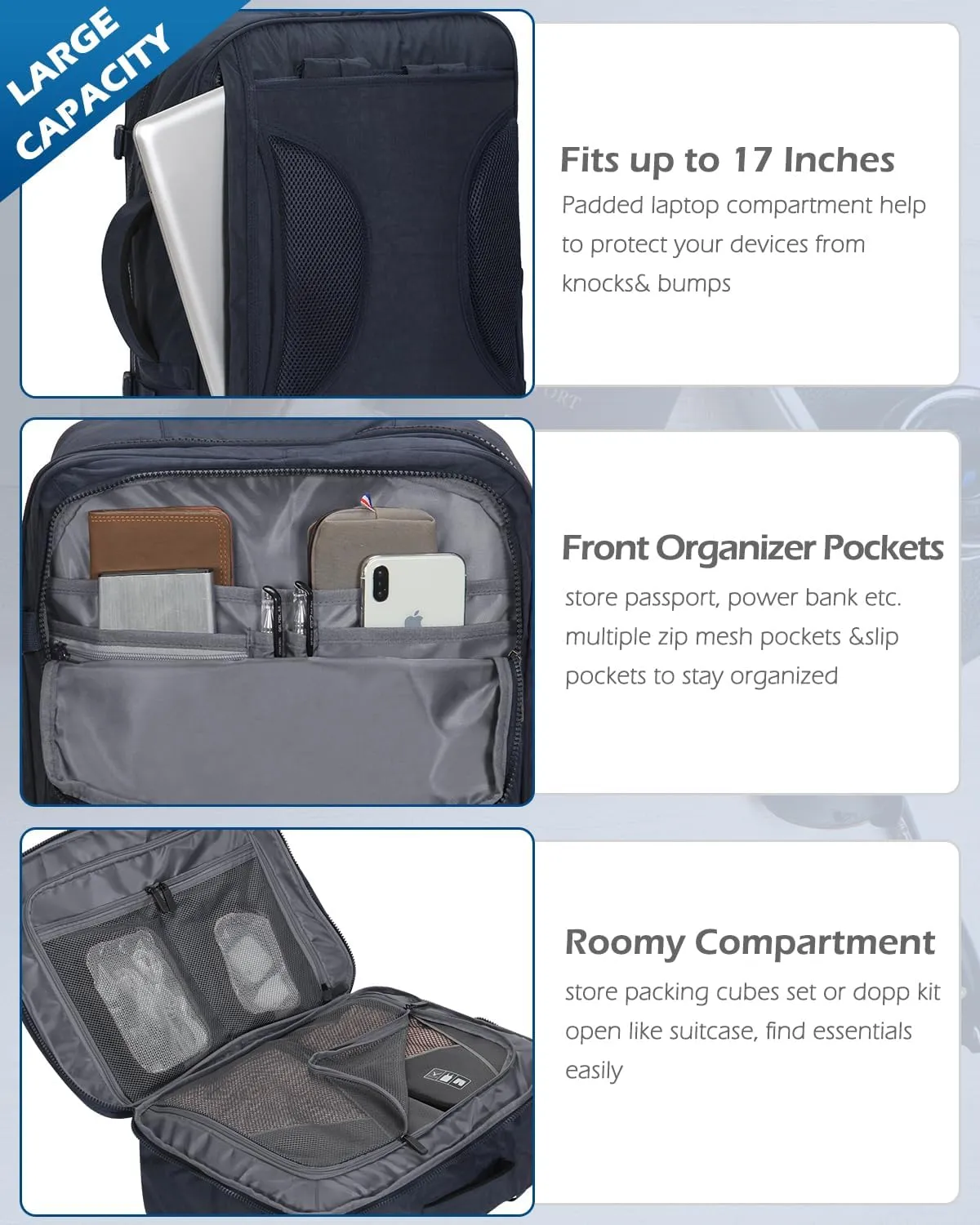 Hynes Eagle 44L Carry on Backpack Airline Approved Travel Backpack for Men Women Large Laptop Backpack 17 inch Nylon Backpack Overnight Weekender Duffel Bag Navy with 3PCS Packing Cubes