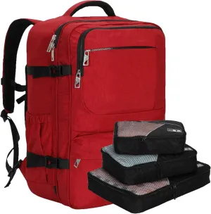 Hynes Eagle 44L Carry on Backpack Airline Approved Travel Backpack for Men Women Large Laptop Backpack 17 inch Nylon Backpack Overnight Weekender Duffel Bag Red with 3PCS Packing Cubes Set Black