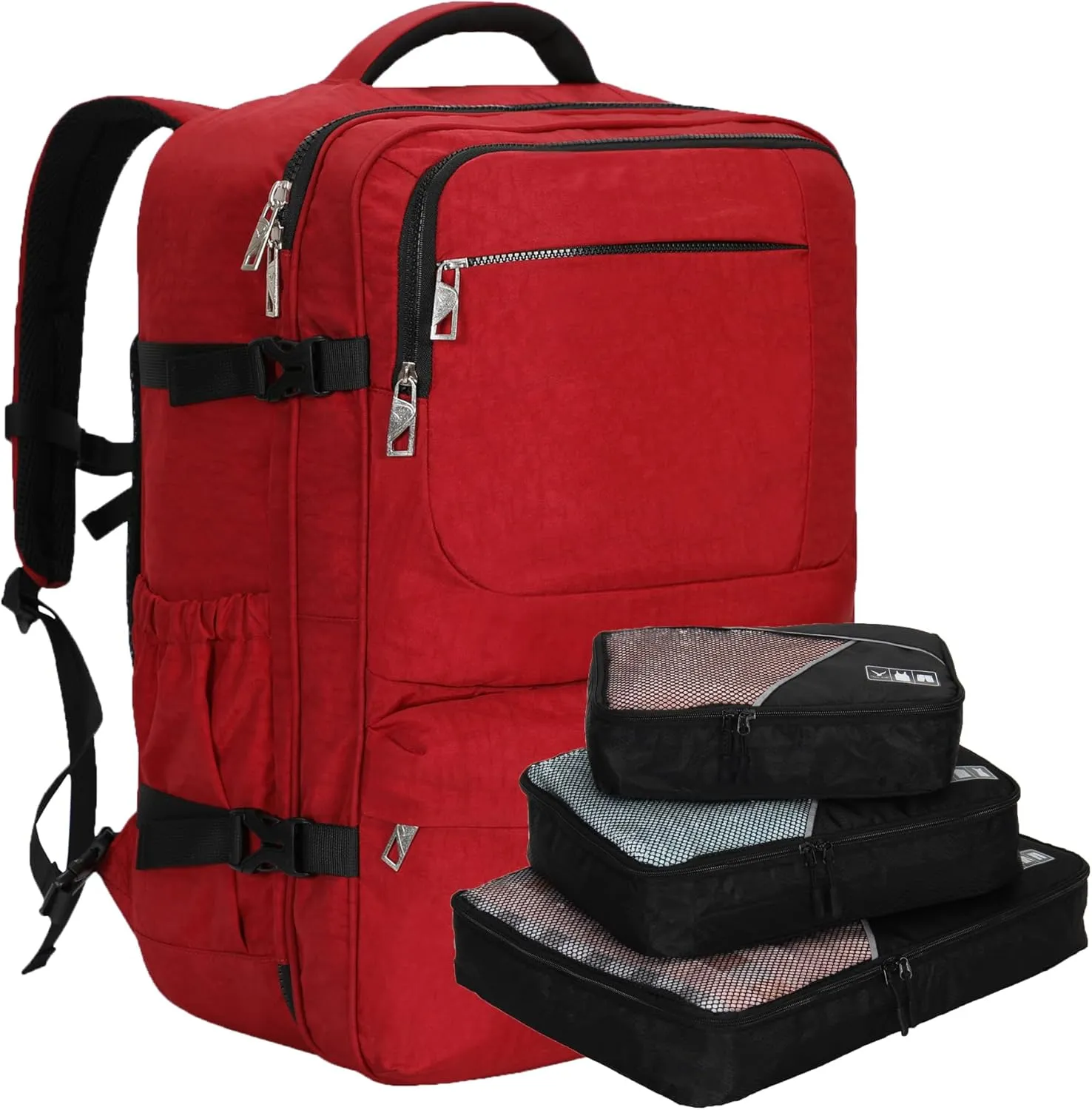 Hynes Eagle 44L Carry on Backpack Airline Approved Travel Backpack for Men Women Large Laptop Backpack 17 inch Nylon Backpack Overnight Weekender Duffel Bag Red with 3PCS Packing Cubes Set Black