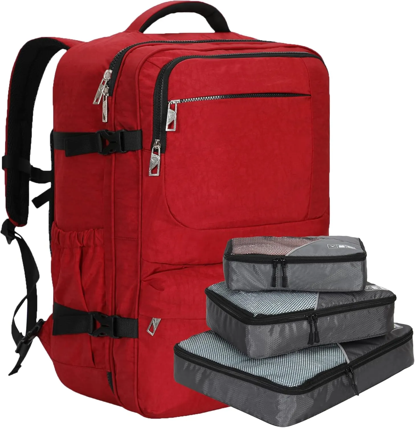 Hynes Eagle 44L Carry on Backpack Airline Approved Travel Backpack for Men Women Large Laptop Backpack 17 inch Nylon Backpack Overnight Weekender Duffel Bag Red with 3PCS Packing Cubes Set Grey