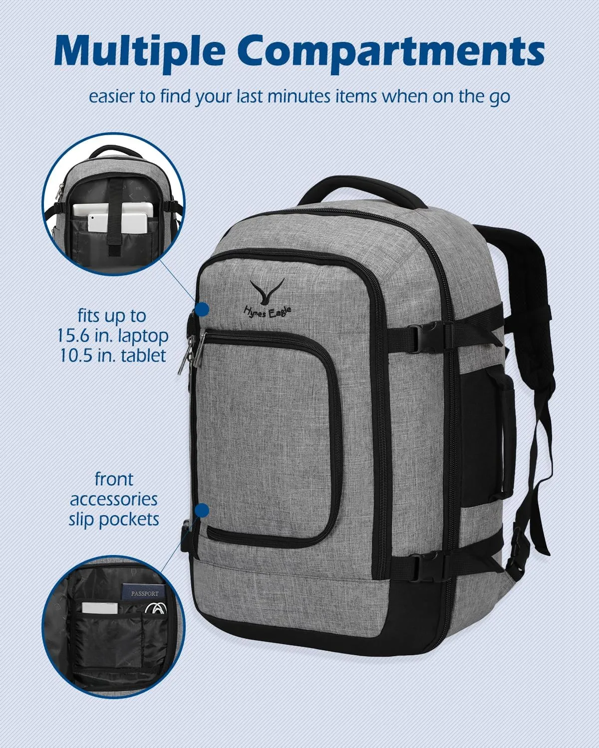 Hynes Eagle Travel Backpack 40L Flight Approved Carry on Backpack Men Large Cabin Weekender Laptop Backpack Women 15.6 inches