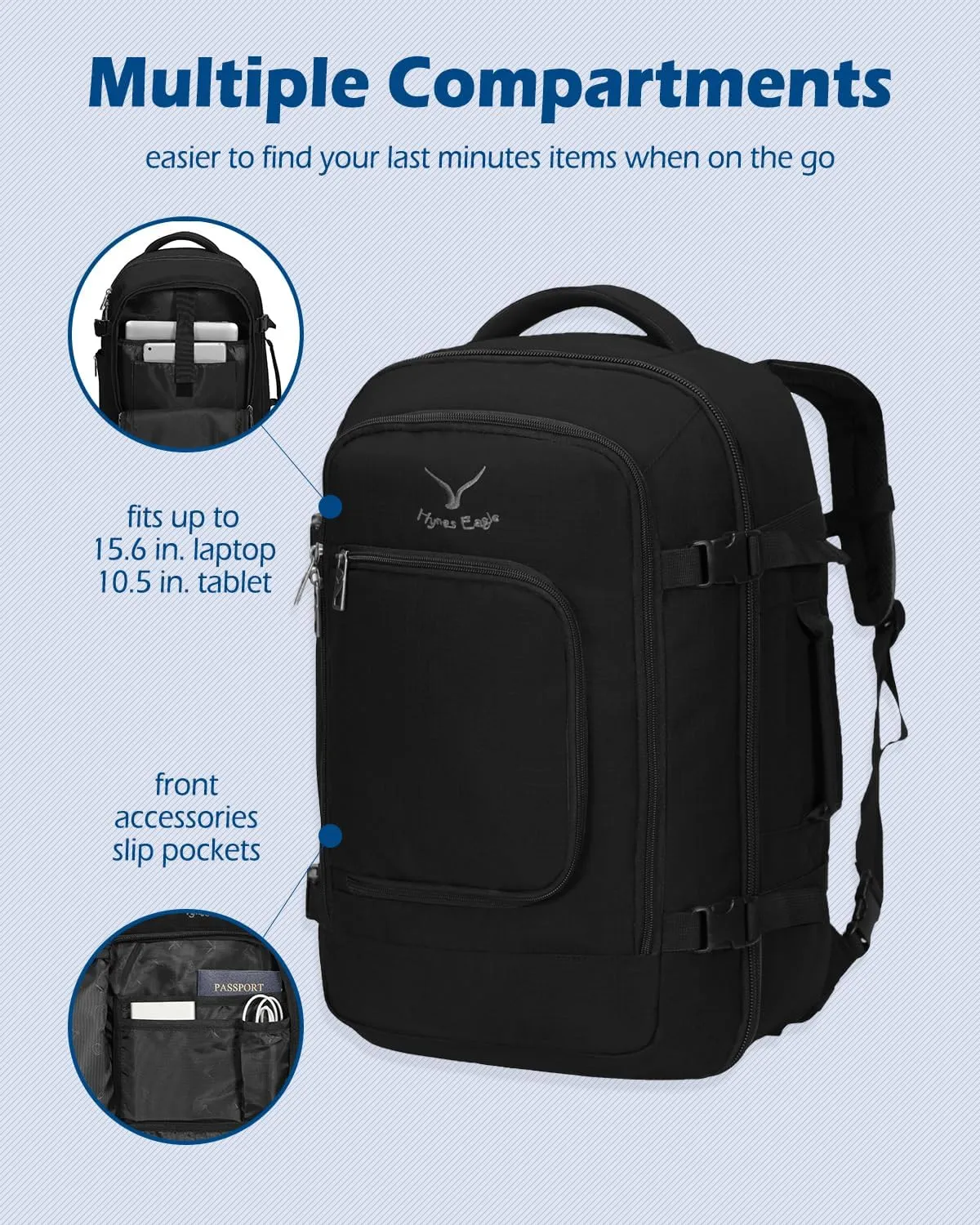 Hynes Eagle Travel Backpack 40L Flight Approved Carry on Backpack Men Large Cabin Weekender Laptop Backpack Women 15.6 inches