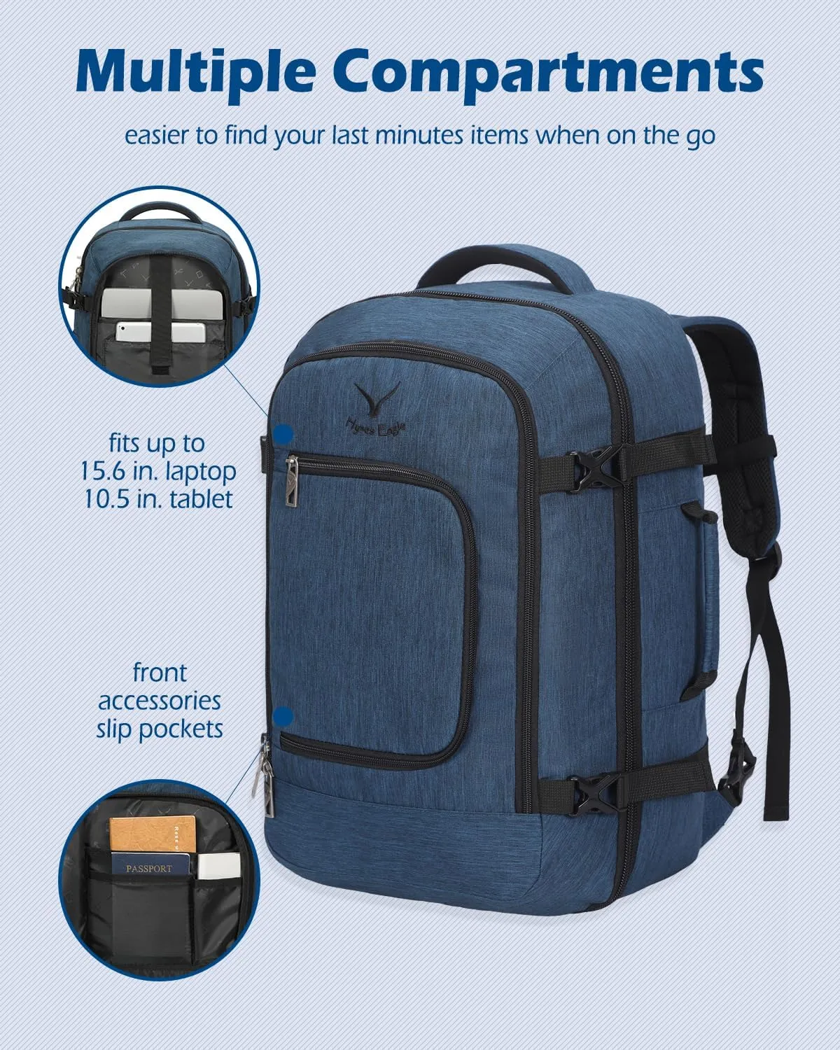 Hynes Eagle Travel Backpack 40L Flight Approved Carry on Backpack Men Large Cabin Weekender Laptop Backpack Women 15.6 inches