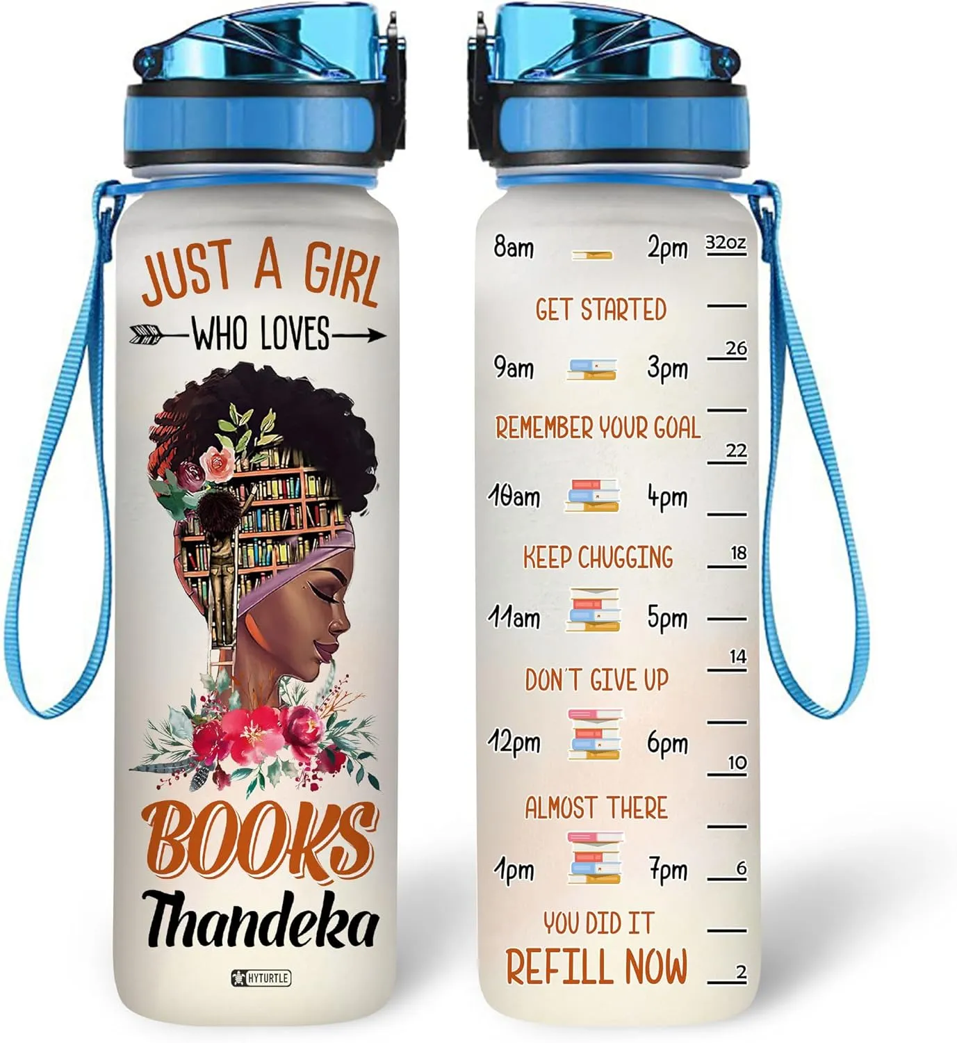 HYTURTLE Personalized Just A Girl Who Loves Books Black Queen 32oz Liter Motivational Water Bottle, Customized Name Tracking Water Bottle Gifts For Black Women, Girls, Reading Lovers On Birthday