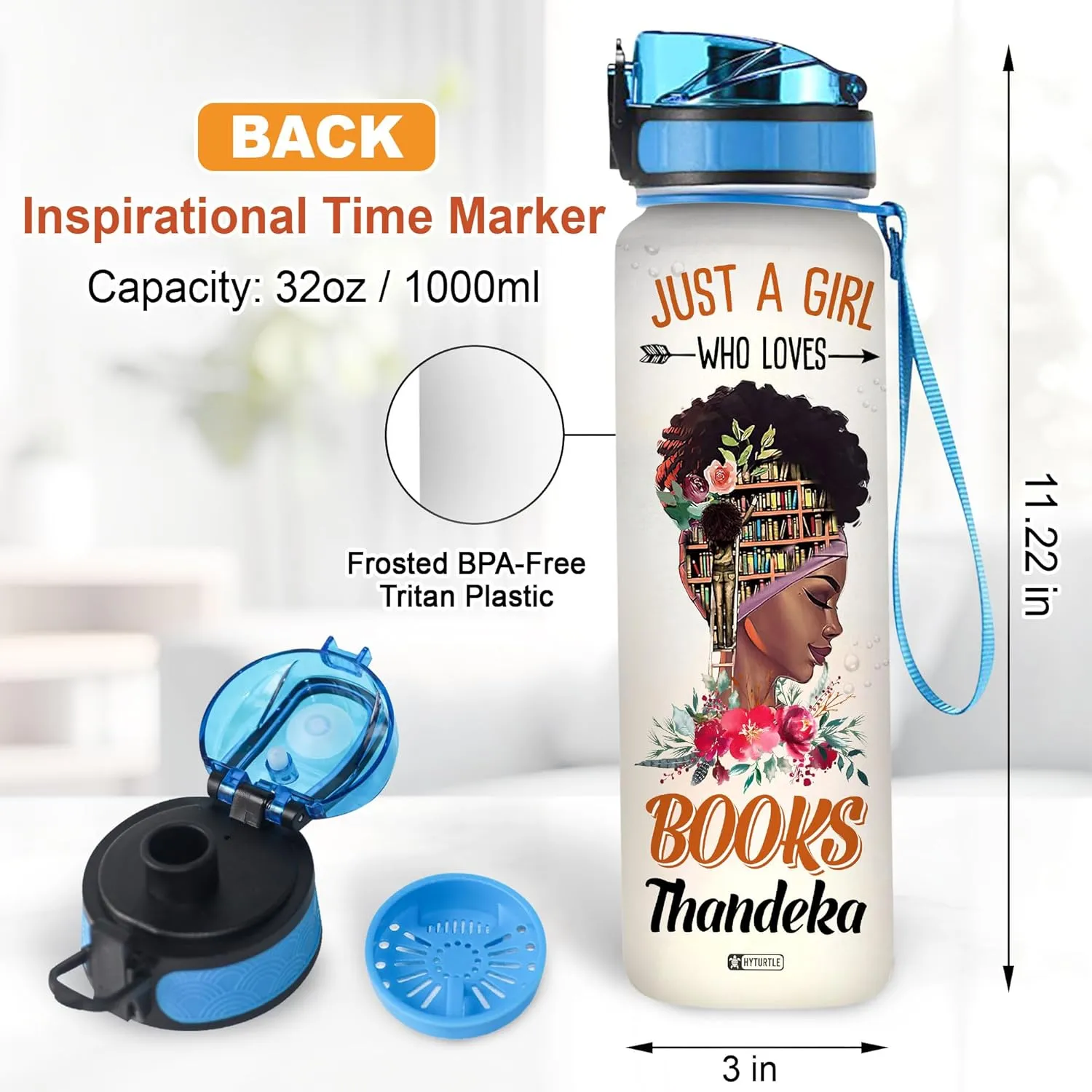 HYTURTLE Personalized Just A Girl Who Loves Books Black Queen 32oz Liter Motivational Water Bottle, Customized Name Tracking Water Bottle Gifts For Black Women, Girls, Reading Lovers On Birthday