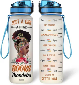 HYTURTLE Personalized Just A Girl Who Loves Books Black Queen 32oz Liter Motivational Water Bottle, Customized Name Tracking Water Bottle Gifts For Black Women, Girls, Reading Lovers On Birthday