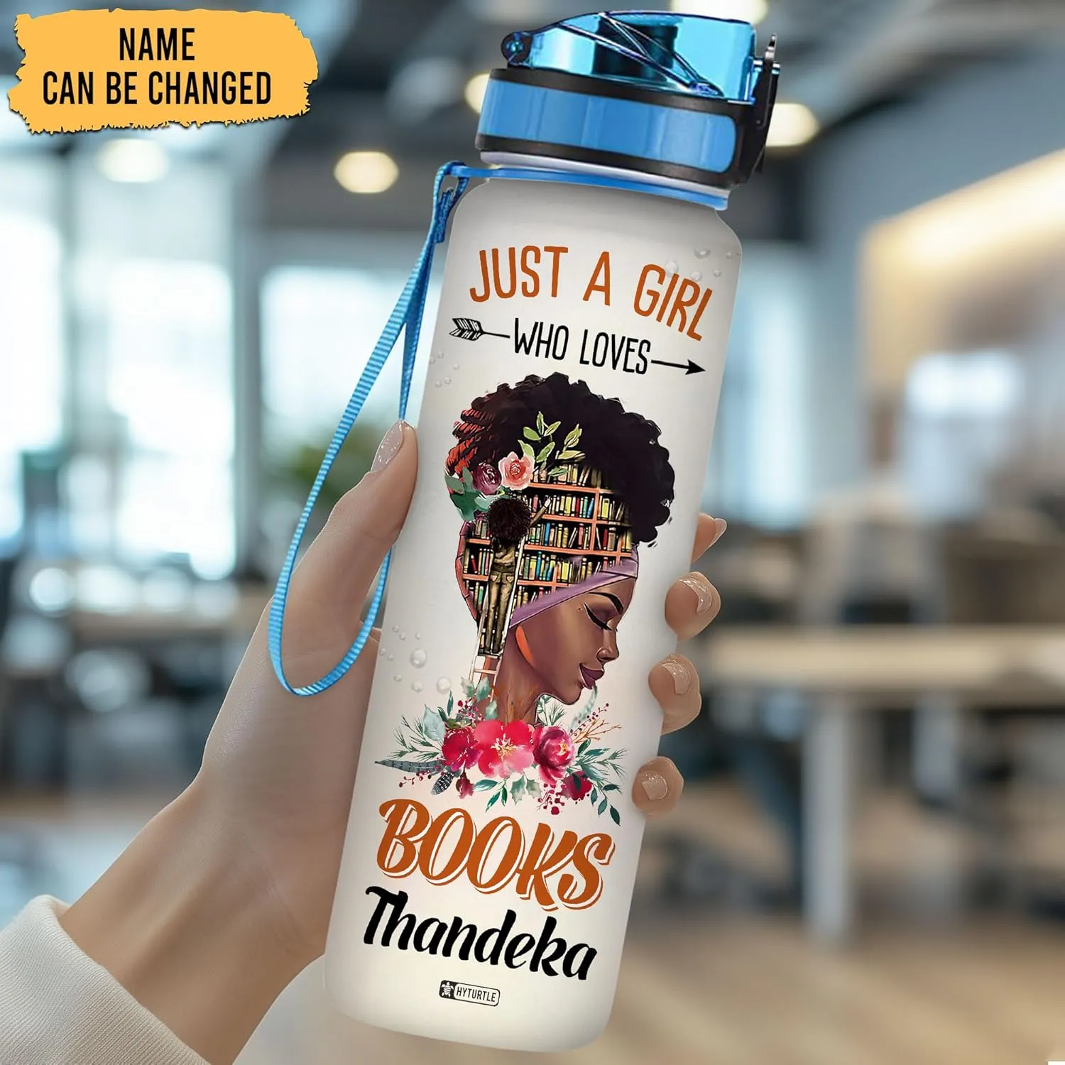 HYTURTLE Personalized Just A Girl Who Loves Books Black Queen 32oz Liter Motivational Water Bottle, Customized Name Tracking Water Bottle Gifts For Black Women, Girls, Reading Lovers On Birthday