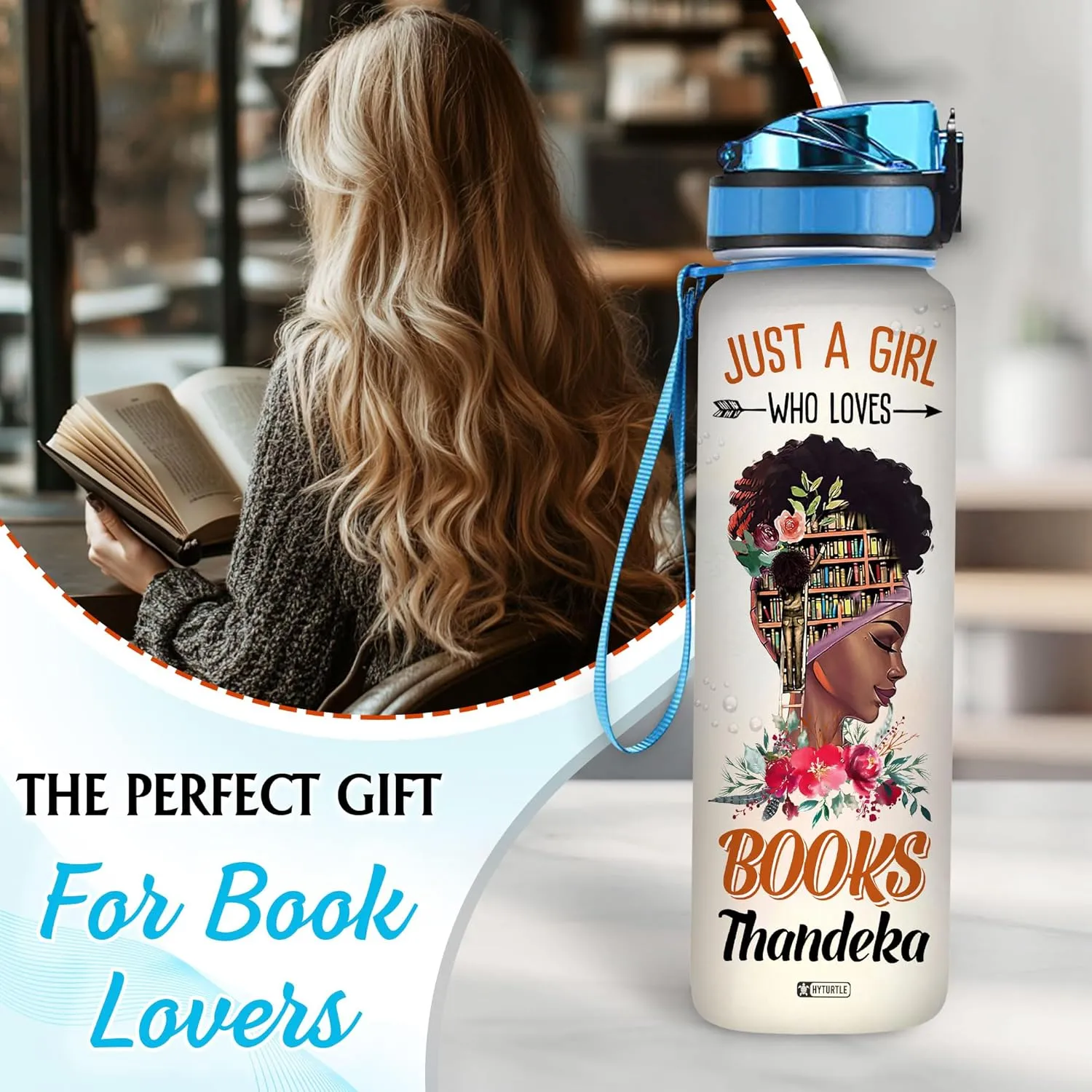 HYTURTLE Personalized Just A Girl Who Loves Books Black Queen 32oz Liter Motivational Water Bottle, Customized Name Tracking Water Bottle Gifts For Black Women, Girls, Reading Lovers On Birthday