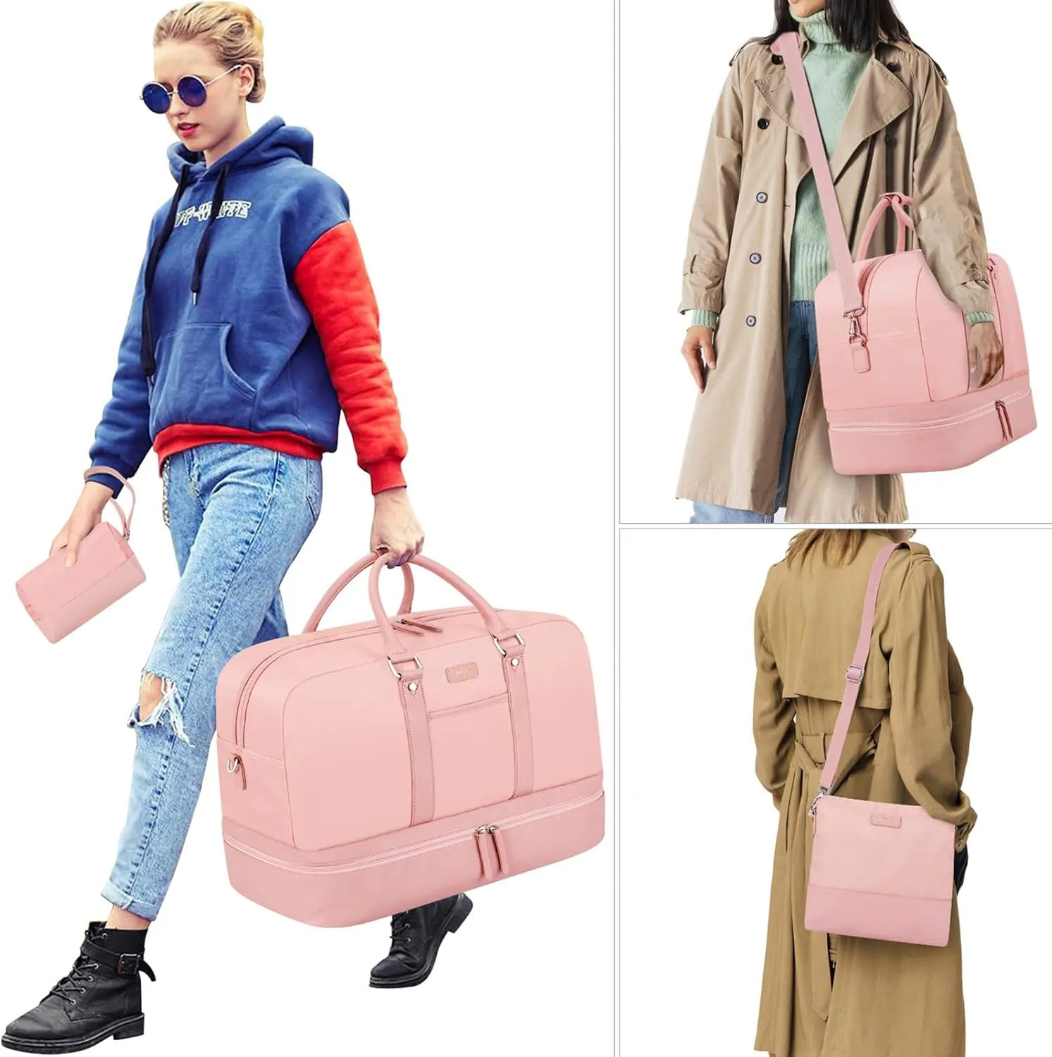 IBFUN Weekender Bags for Women, Large Overnight Bag Canvas Travel Duffel Bag Carry On Tote with Shoe Compartment 21" 3Pcs Set