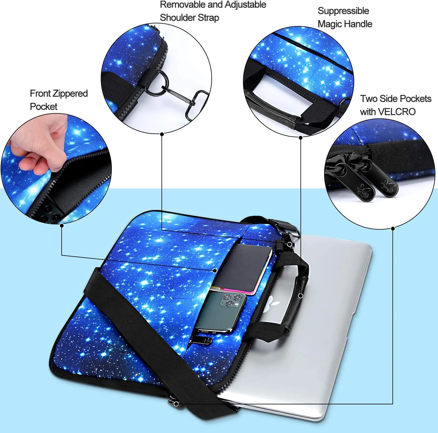 icolor 15 15.4 15.6 Inch Canvas Laptop Sleeve Bag Messenger Shoulder Briefcase -Blue Starry