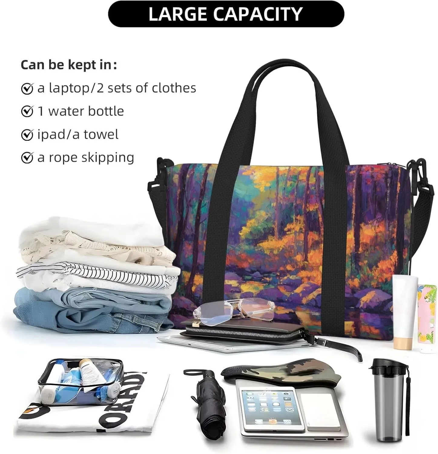 impressionist trees rocks print Travel Duffel Bag, Sports Tote Gym Bag, Swim Pool Bag Large Shoulder Tote Bag for Beach Weekender