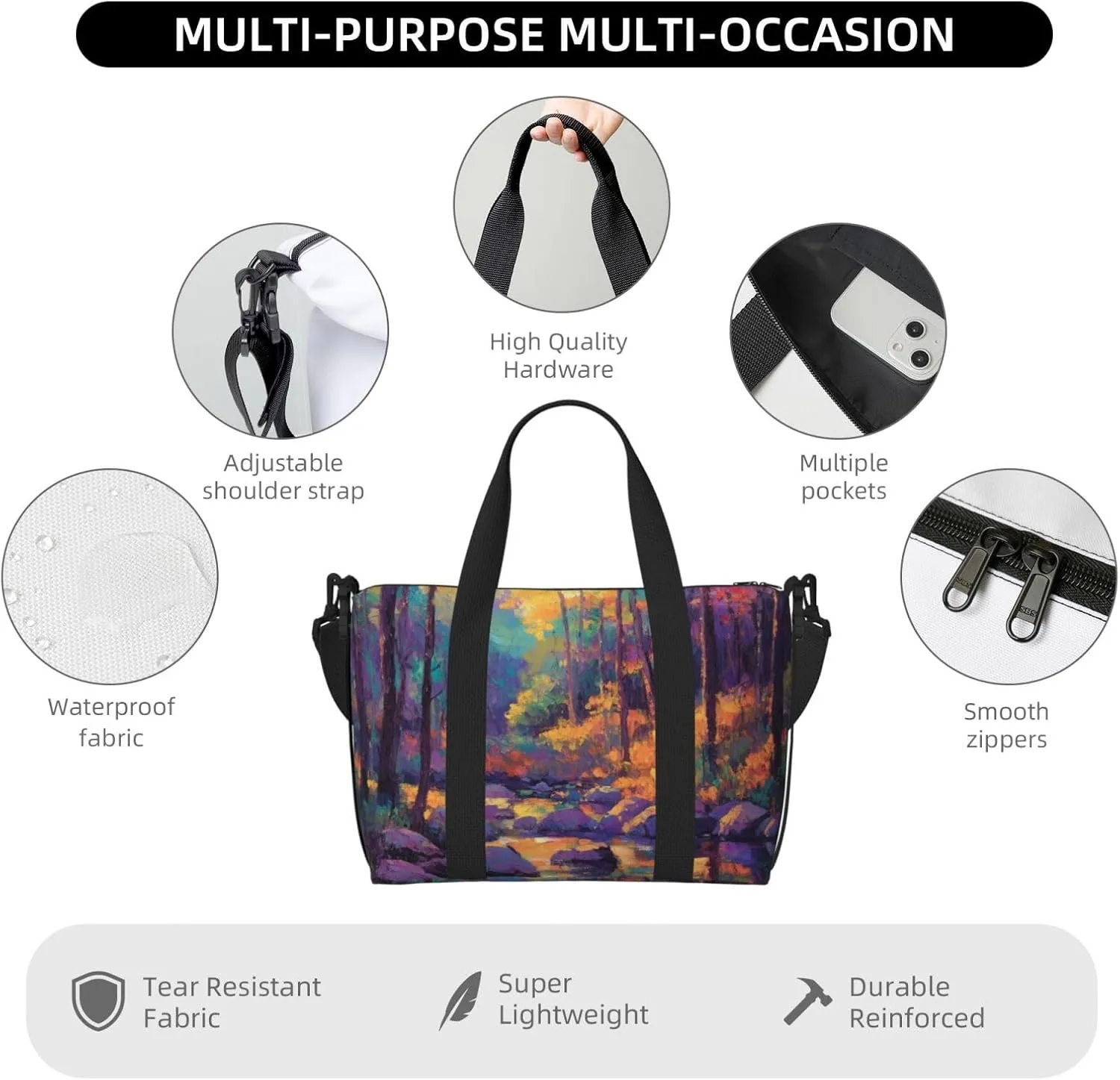 impressionist trees rocks print Travel Duffel Bag, Sports Tote Gym Bag, Swim Pool Bag Large Shoulder Tote Bag for Beach Weekender