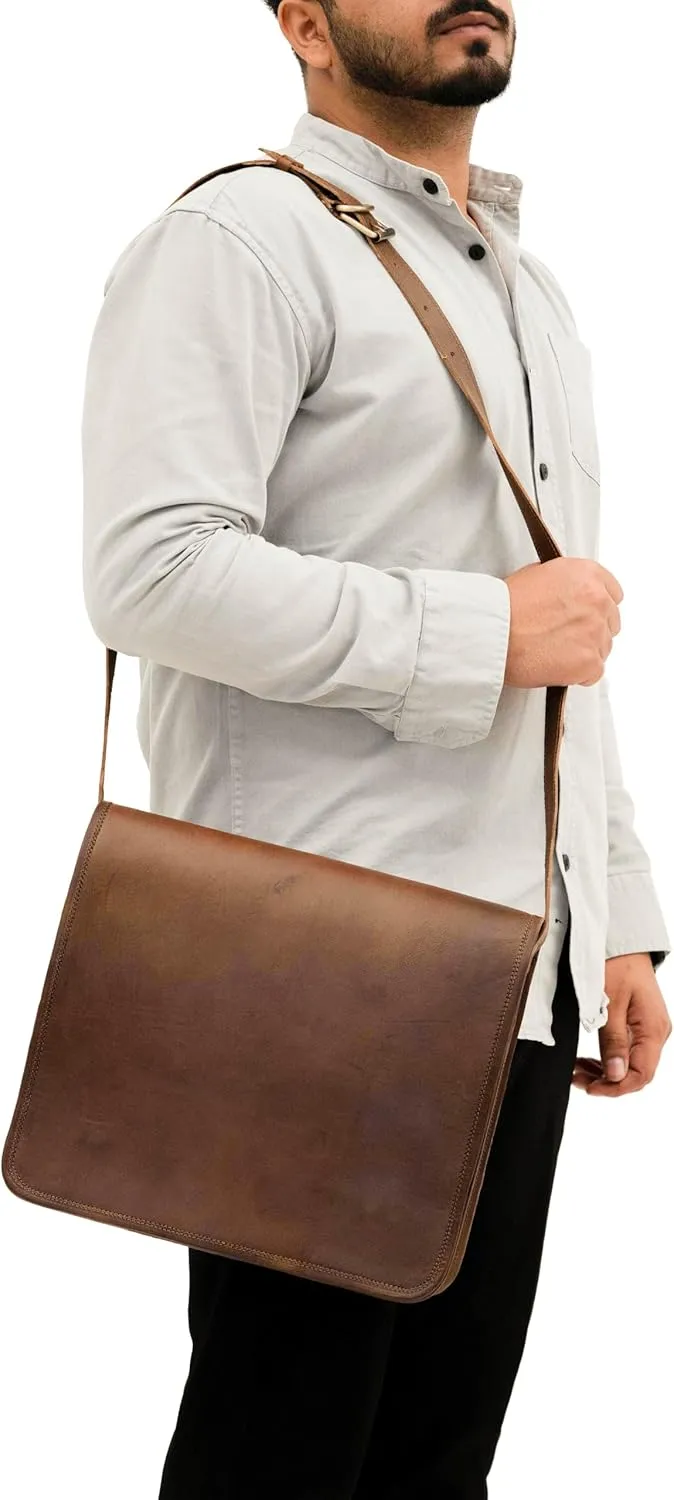 IndianHandoArt 16 inch Leather Real Messenger bag for Laptop Briefcase Satchel Men and Women (16 inch medium)