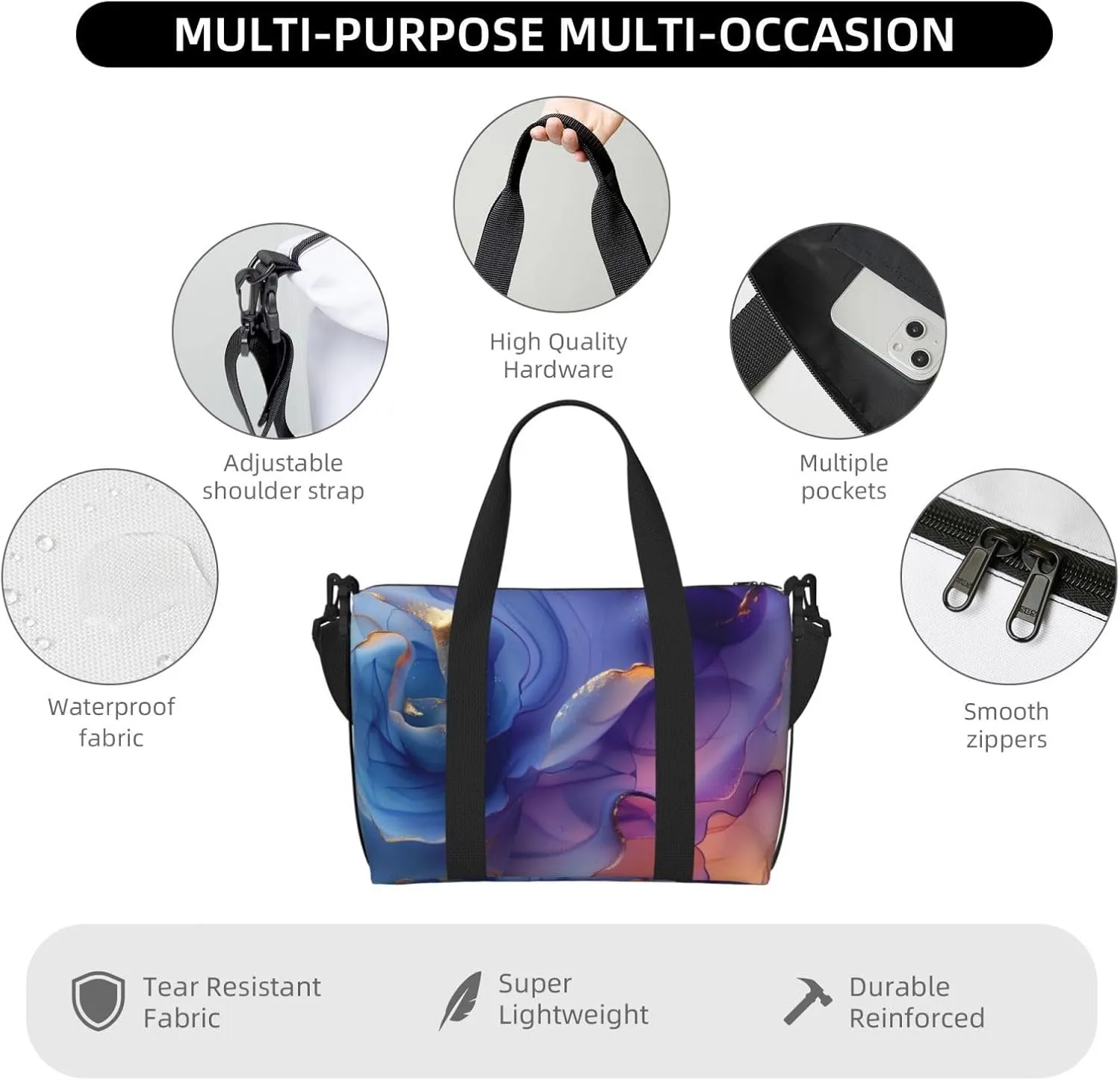 ink gold leading edge print Travel Duffel Bag, Sports Tote Gym Bag, Swim Pool Bag Large Shoulder Tote Bag for Beach Weekender