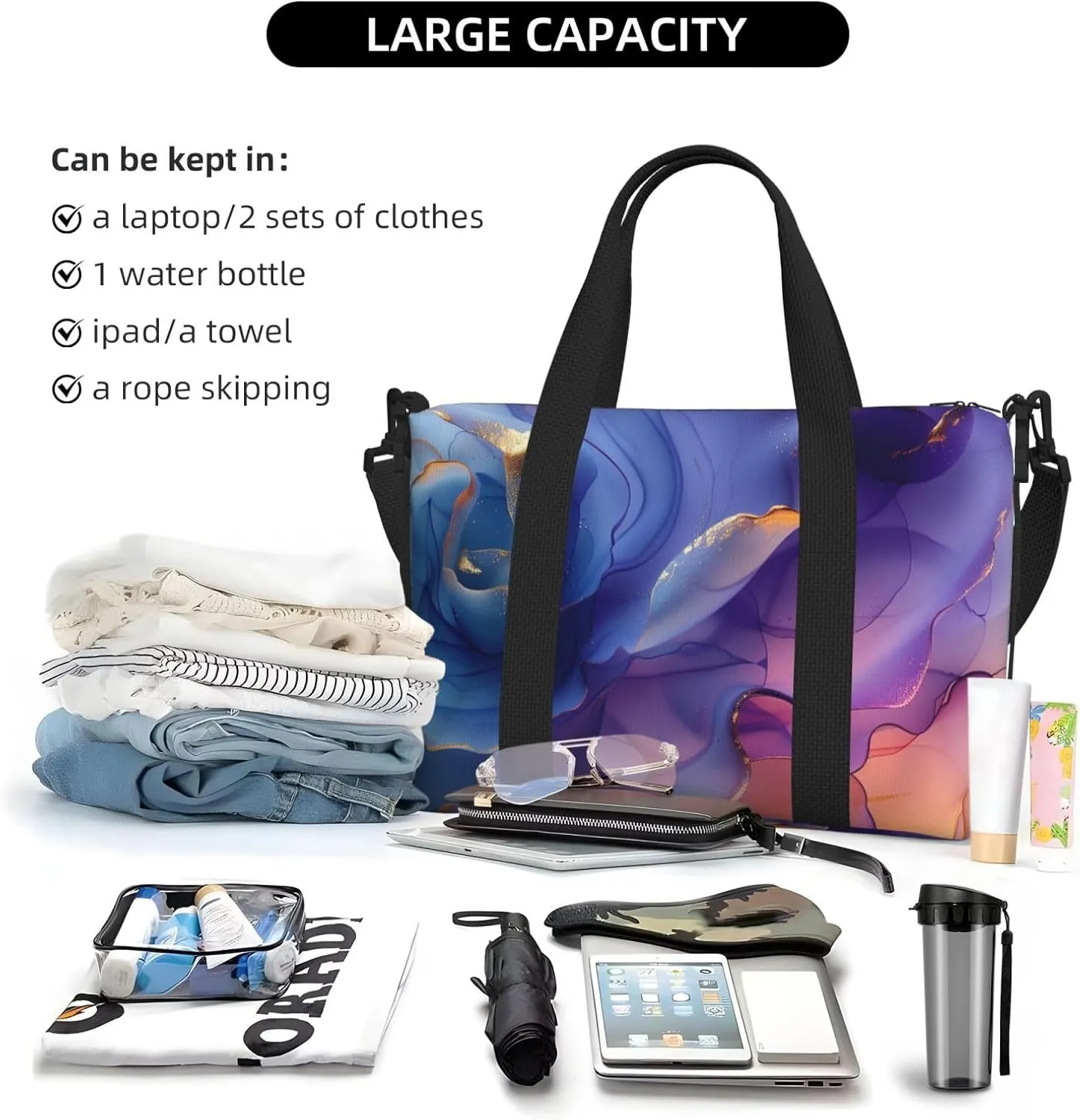 ink gold leading edge print Travel Duffel Bag, Sports Tote Gym Bag, Swim Pool Bag Large Shoulder Tote Bag for Beach Weekender