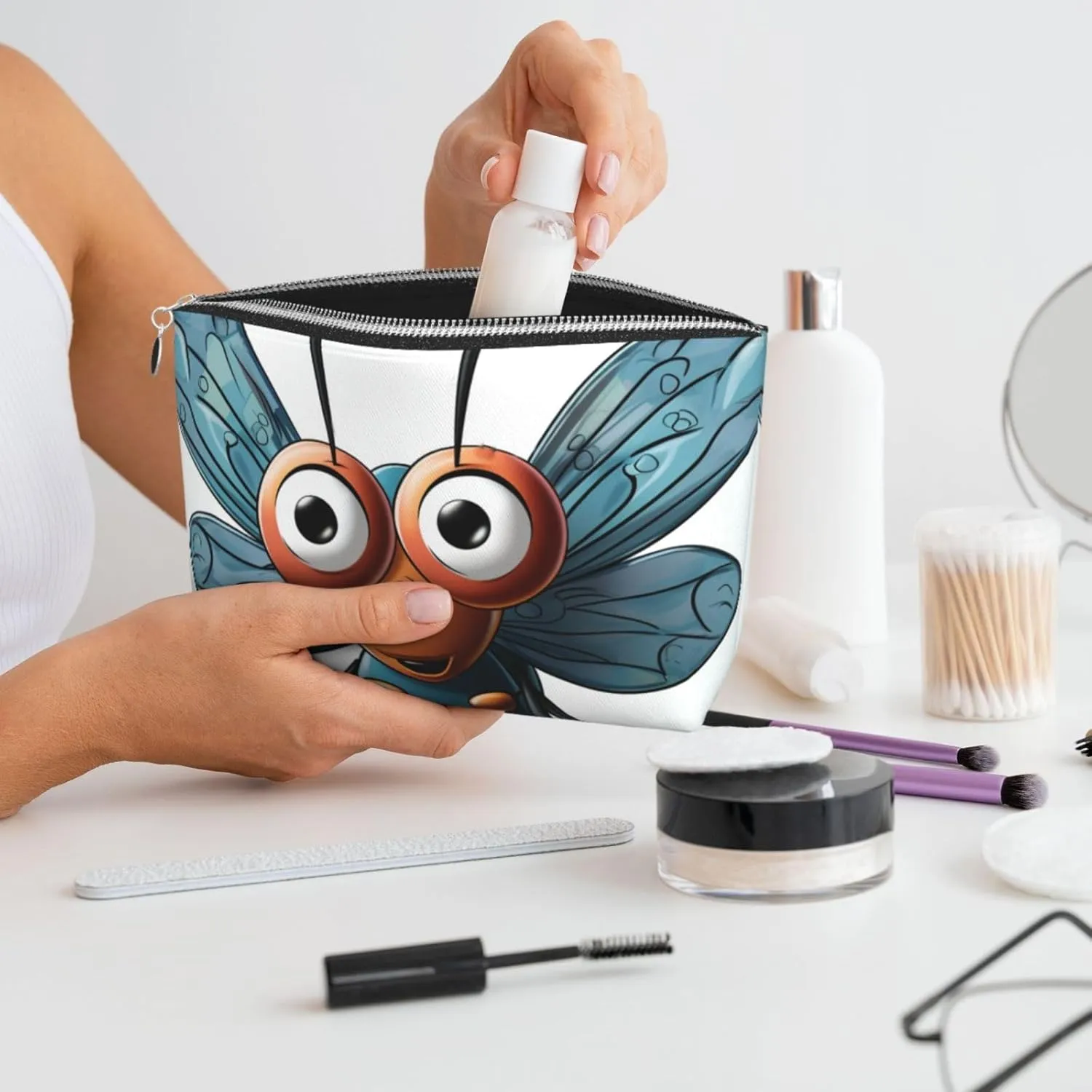 Insect Wings Eyes Cosmetic Bag Pu Leather Waterproof Makeup Bag Portable Travel Toiletry Bag Organizer Silver Zipper Pouch For Women Ladies Gift