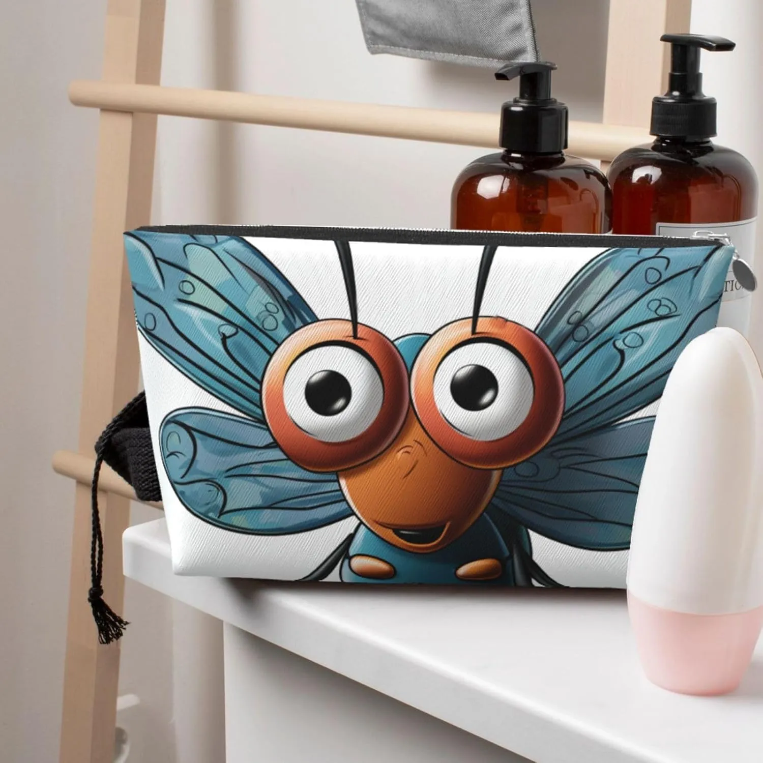 Insect Wings Eyes Cosmetic Bag Pu Leather Waterproof Makeup Bag Portable Travel Toiletry Bag Organizer Silver Zipper Pouch For Women Ladies Gift
