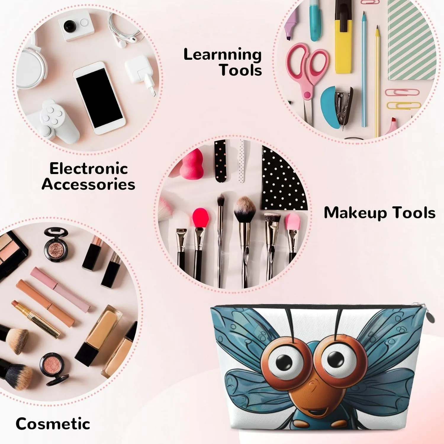 Insect Wings Eyes Cosmetic Bag Pu Leather Waterproof Makeup Bag Portable Travel Toiletry Bag Organizer Silver Zipper Pouch For Women Ladies Gift