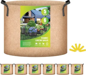 iPower Plant Grow Bag 5 Gallon 6-Pack Heavy Duty Fabric Pots, 300g Thick Nonwoven Fabric Containers Aeration with Nylon Handles, for Planting Vegetables, Fruits, Flowers, Tan 2024 Version