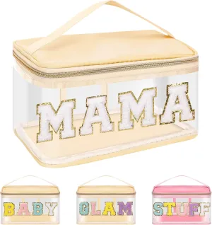 Iqimott Preppy Clear Makeup Cosmetic Bag for Women Travel, Nylon PVC Chenille Glitter Letter Toiletry Storage Tote Bag, Transparent Waterproof Organizer Zipper Pouch with Handle(Mama, Beige)