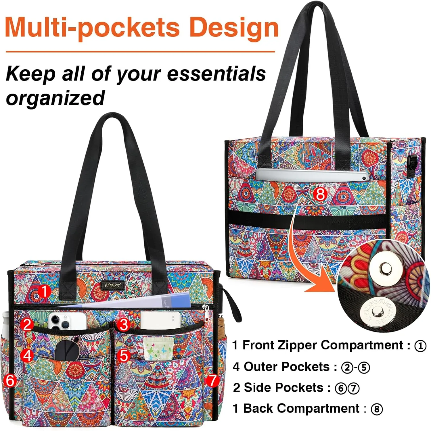 ITIEZY Utility Tote Bag for Women with 15/18 Pockets - Large Teacher Tote Bag with Zipper Compartment Nurse Bags for Work
