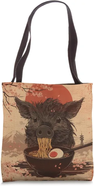 Japanese Woodblock Graphic Boar Eating Ramen Pig Lover Tote Bag
