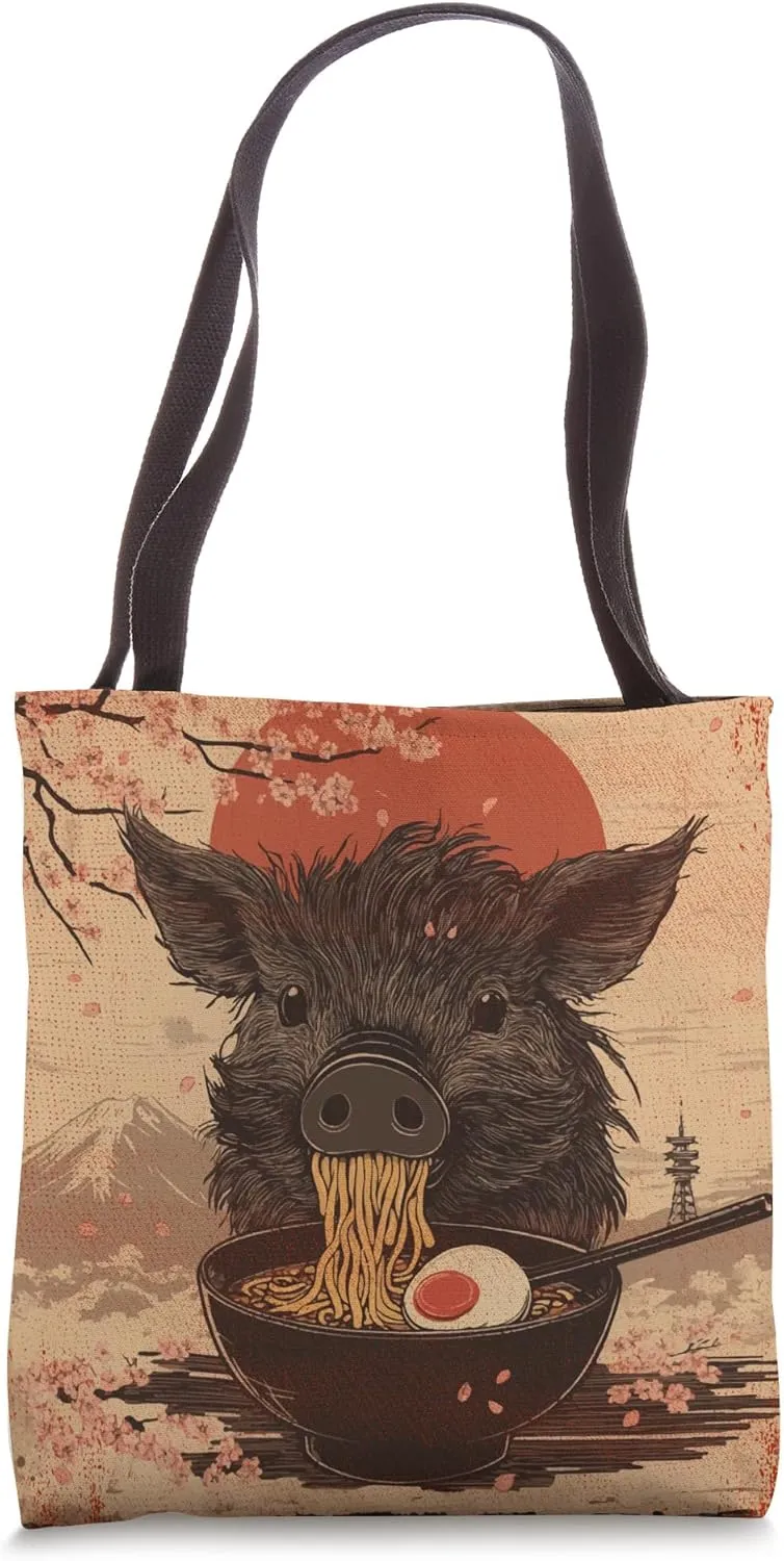 Japanese Woodblock Graphic Boar Eating Ramen Pig Lover Tote Bag