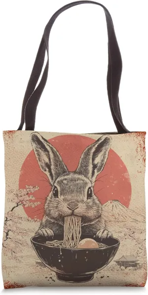 Japanese Woodblock Graphic Rabbit Eating Ramen Bunny Lover Tote Bag