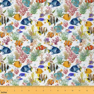 jejeloiu Fish Fabric by The Yard 1 Yard Ocean Sea Marine Animal Decorative Waterproof Outdoor Fabric Creature Sealife Upholstery Fabric for Chairs Underwater Animal Pattern DIY Reupholstery Fabric