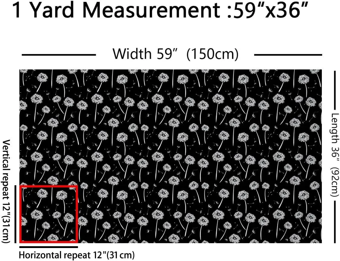 jejeloiu Kids Dandelion 3 Yards Fabric by The Yard Botanical Flower Floral Decorative Waterproof Outdoor Fabric Modern Art Black Upholstery Fabric for Chairs Outdoor Fabric