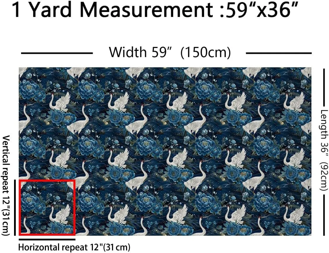 jejeloiu Kids Japanese Cranes 2 Yards Fabric by The Yard Crane Birds Decorative Waterproof Outdoor Fabric Blue Peony Floral Flower Upholstery Fabric for Chairs