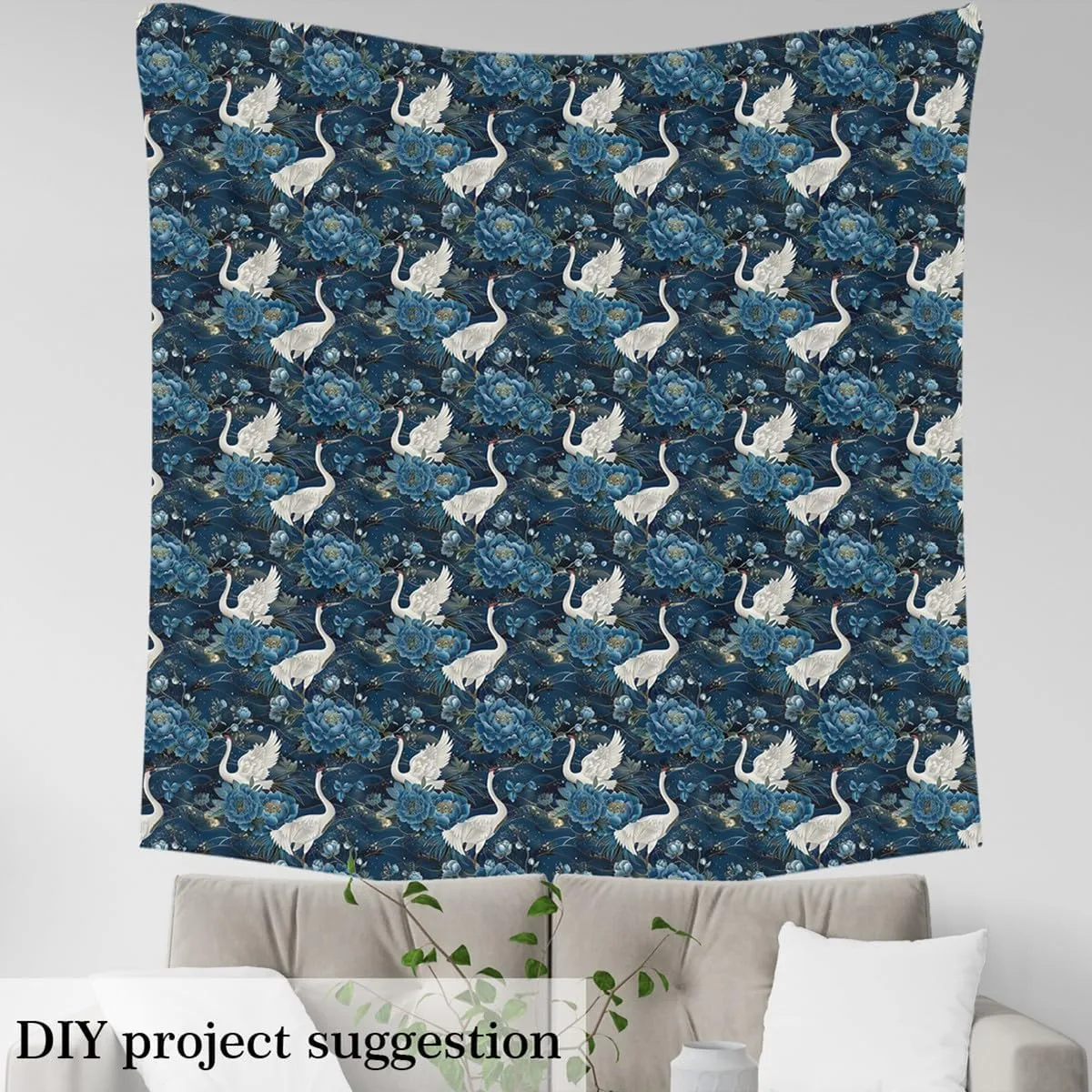 jejeloiu Kids Japanese Cranes 2 Yards Fabric by The Yard Crane Birds Decorative Waterproof Outdoor Fabric Blue Peony Floral Flower Upholstery Fabric for Chairs