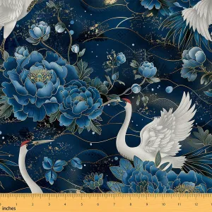 jejeloiu Kids Japanese Cranes 2 Yards Fabric by The Yard Crane Birds Decorative Waterproof Outdoor Fabric Blue Peony Floral Flower Upholstery Fabric for Chairs