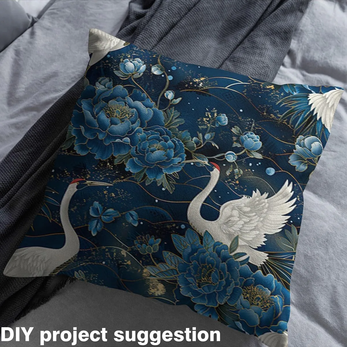 jejeloiu Kids Japanese Cranes 2 Yards Fabric by The Yard Crane Birds Decorative Waterproof Outdoor Fabric Blue Peony Floral Flower Upholstery Fabric for Chairs