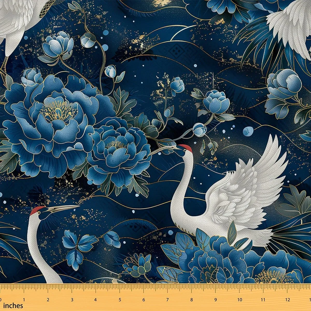 jejeloiu Kids Japanese Cranes 2 Yards Fabric by The Yard Crane Birds Decorative Waterproof Outdoor Fabric Blue Peony Floral Flower Upholstery Fabric for Chairs