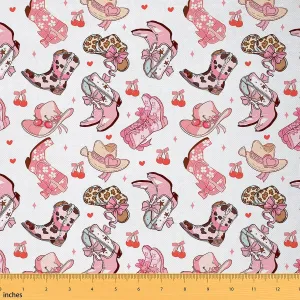 jejeloiu Kids Pink Cowgirl Fabric by The Yard 1 Yard Western Decorative Waterproof Outdoor Fabric for Boys Girls Adults Cowgirl Boots Bow Ribbon Upholstery Fabric for Chairs Outdoor Fabric